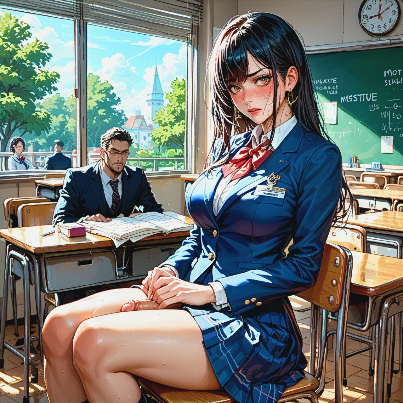 1 boy 1 penis dressed in a teacher's uniform three school-age girls sitting at desks in front of them a man with his pants down stands teacher girls looking at a penis in embarrassment at school dressed in school uniforms girls have an embarrassed expression on their faces