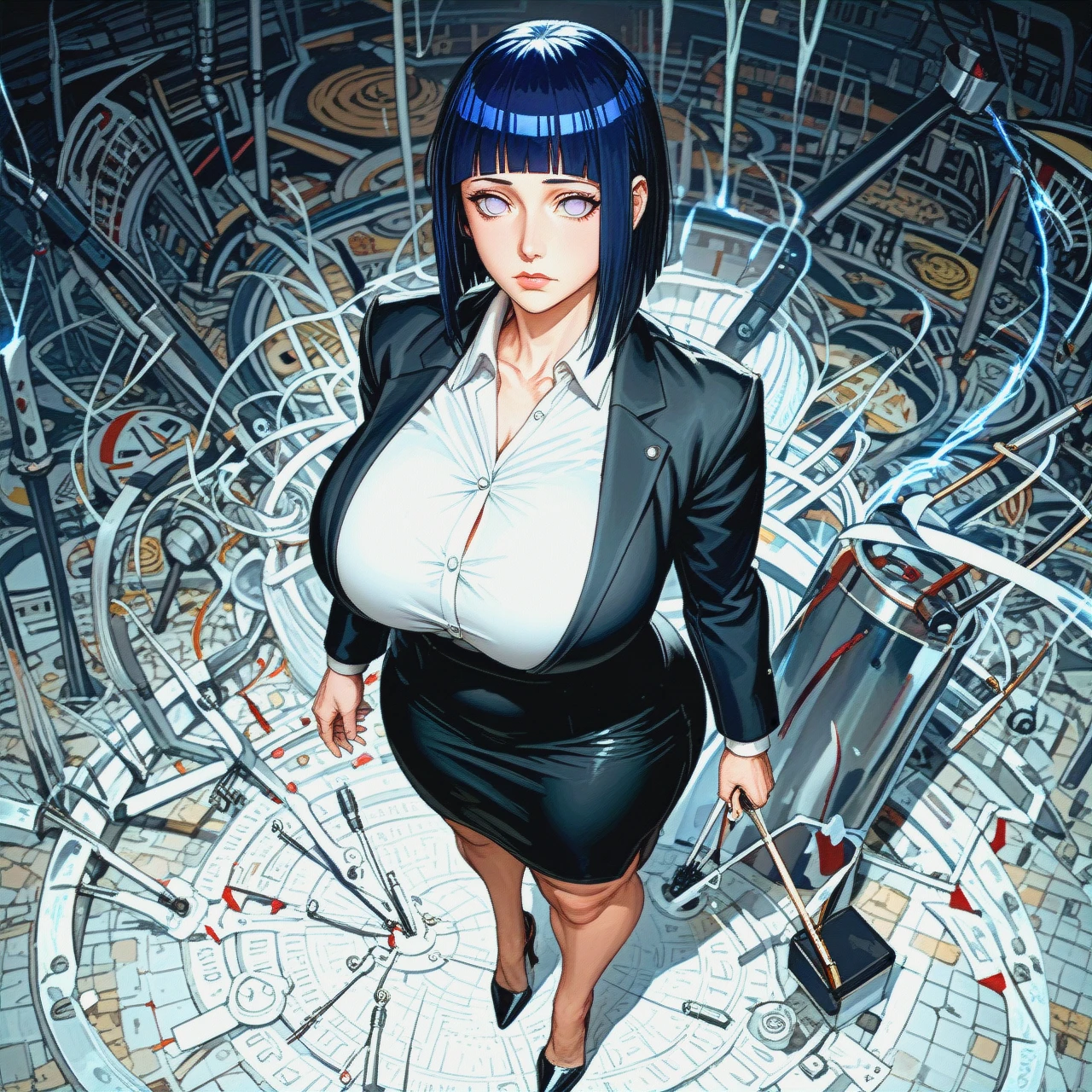 Hinata Hyuuga, expressionless, perfect body, big ass, huge breasts, Boruto: Naruto Next Generations, milf, shoulder-length hair,  alone,Black high heels , Hotel Lobby  , (standing) , Deep black pencil skirt , White silk shirt , Deep black business suit ,  Deep black suit jacket , (cowering) , (prostration) , (head_down) , (torture)