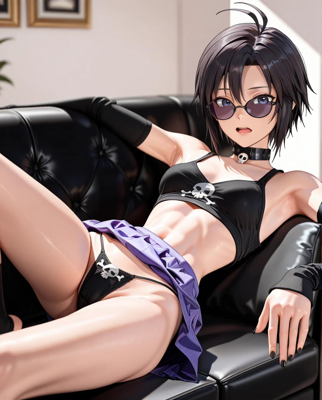 photorealistic (3D_AAA) (3D_anime) (thick_mouth-lips) (realistic_skin), ((very narrow waist)), (skinny) ((full_face)) petite_body (wide_hips) (open_mouth) (black_cut-hair) (presenting_armpit) (arm warmers) (black_nails) (high_thighs-socks) (collar_skull-bone) (blue_eyes) ((purple)) (skirt) @kikuchi_makoto (reclining) (eyewear) petite (white_couch) hands (panties)