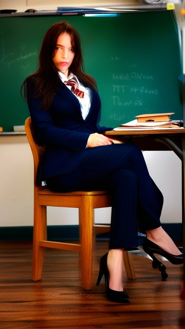 (futanari) heels, suit with tie, masturbating, sitting on a chair, classroom