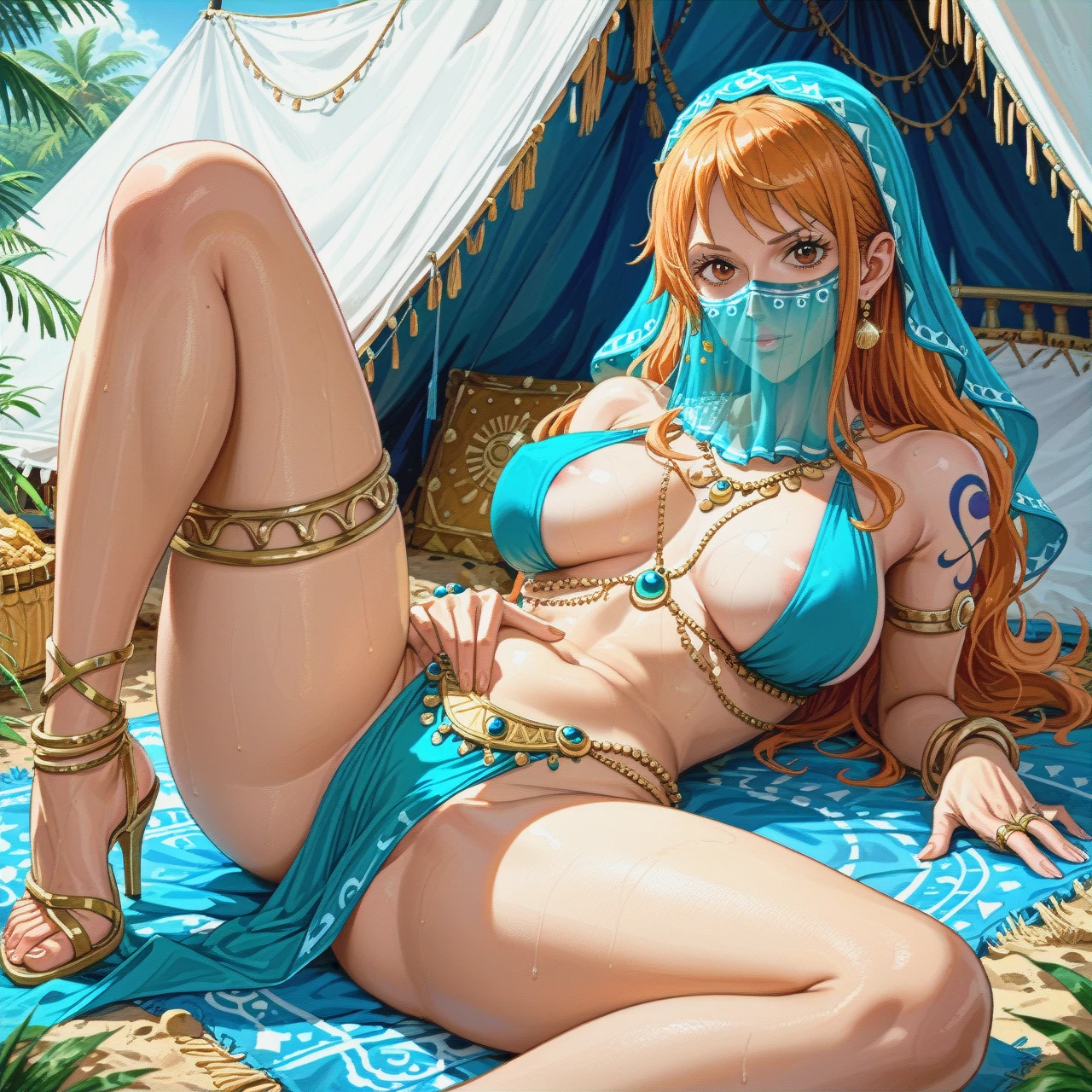 @nami, 1girls areola slip areolae belly dancer outfit blonde female blonde hair blonde hair female dancer outfit female female focus female only harem girl harem outfit hylian hylian ears light skin light-skinned female, looking at viewer, revealing clothes sharp ears solo solo female solo focus veil, tent, (lying) , (legs_apart)