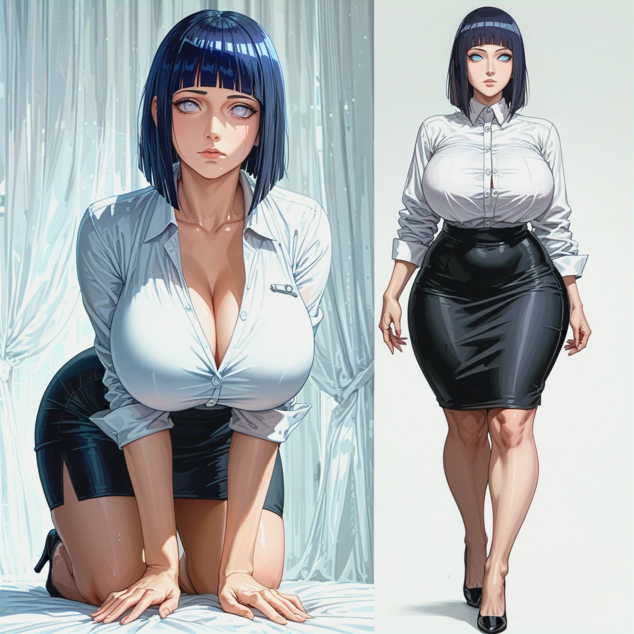 Hinata Hyuuga, expressionless, perfect body, big ass, huge breasts, Boruto: Naruto Next Generations, milf, shoulder-length hair,  alone,Black high heels , Hotel Lobby  , (standing) , Deep black pencil skirt , White silk shirt , Deep black business suit ,  Deep black suit jacket , (cowering) , (prostration) , (head_down) , (all_fours) , naked