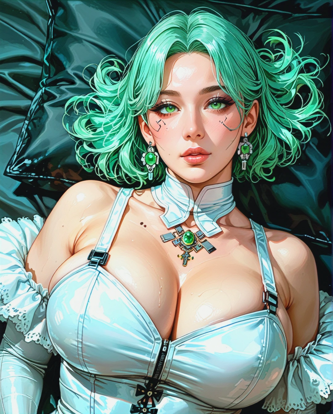 Whore Korean Milf's Portrait, Big Tight Breats, Plump lips, Green eyes, lovely looks, inviting pose, cyberpunk, cosplay clothes, lie on side.