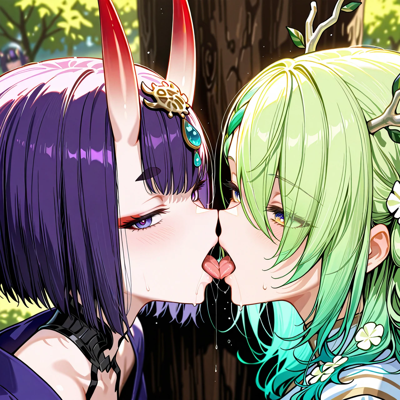 @shuten_douji , @ceres_fauna , @gawr_gura , 3girls , tree girls ,  triple kiss , groups , tongue long , saliva , grabbing ,