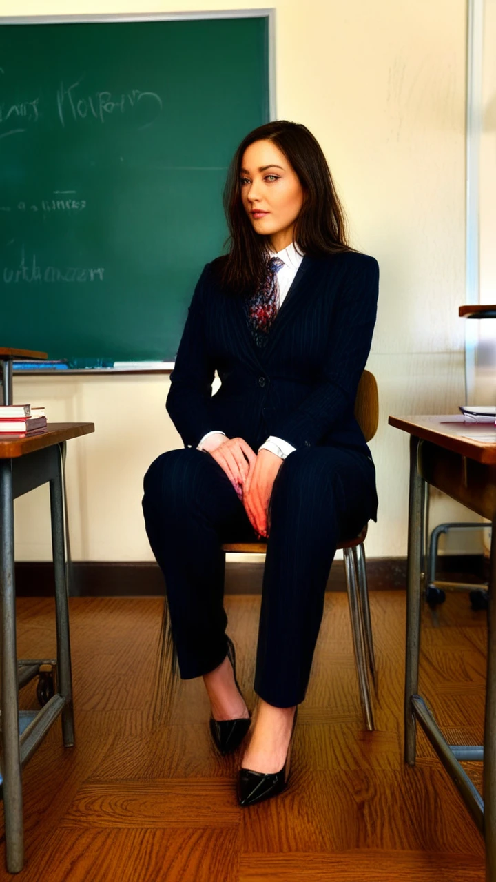 (futanari) heels, suit with tie, masturbating, sitting on a chair, classroom