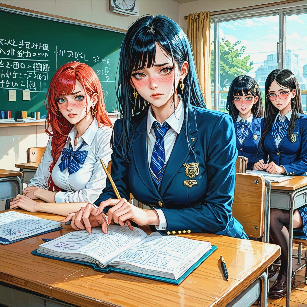 One man with his pants down teacher 1 penis three school age girls sitting at desks in front of them a man with his pants down stands teacher girls looking at penis embarrassed at school beautiful figure dressed in school uniform girls have embarrassed expressions