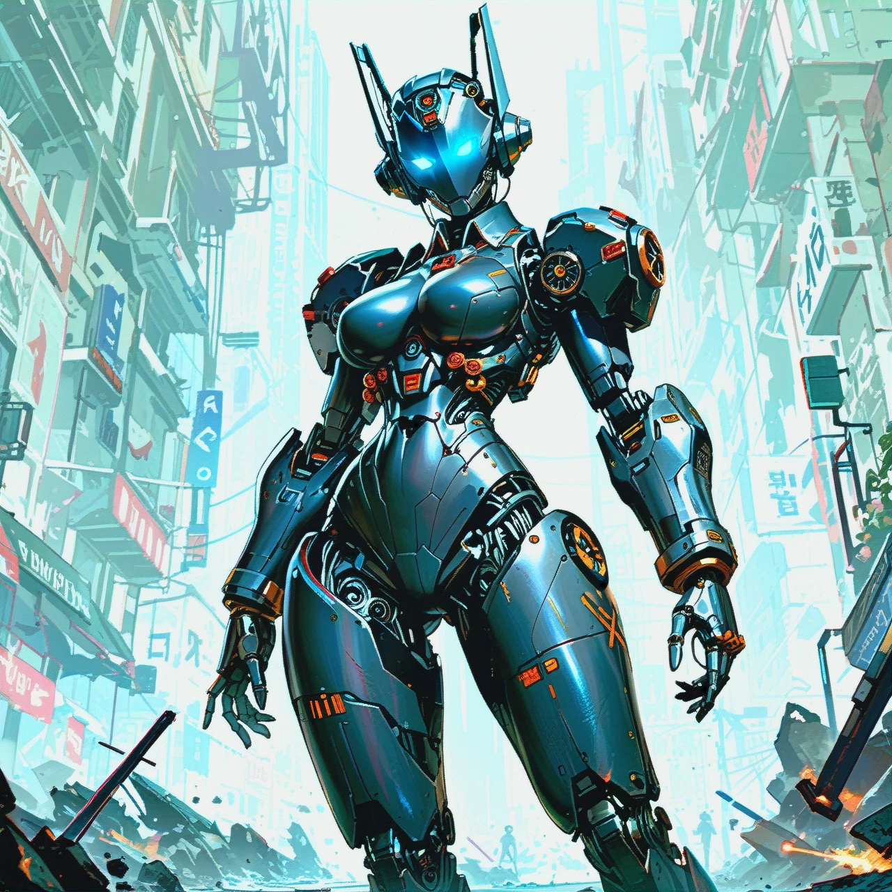 Robot girl iron arms iron legs iron waist in the bright city of the future