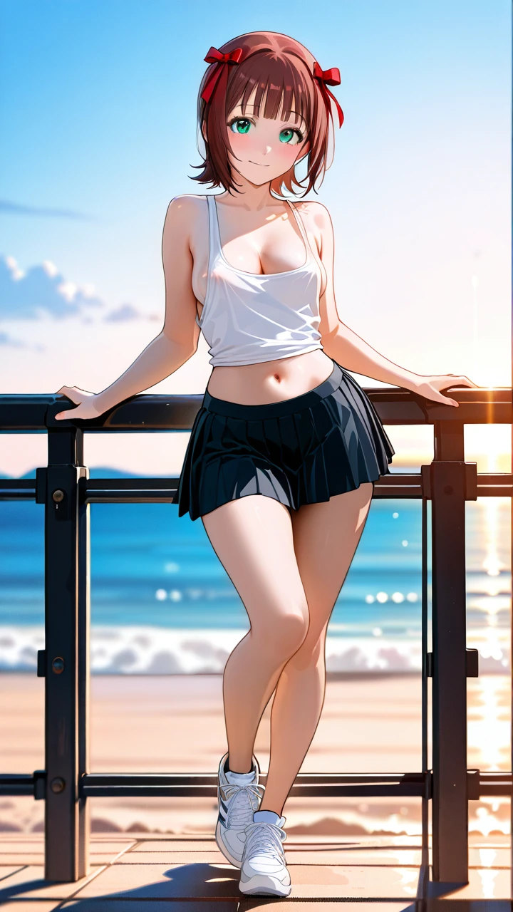 @amami_haruka ,  (light_smile) , (areola_slip) , (flat_chest) , (standing) , one knee up , tank top , pleated miniskirt , sneakers , (cleavage) , (sideboob) , navel , (looking_at_viewer) , showing full body , beach railing ,