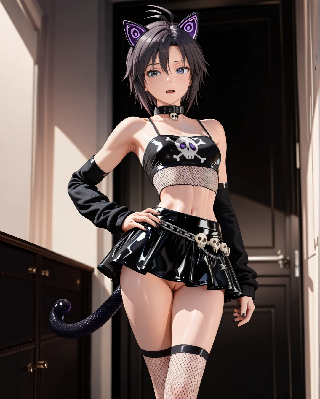 photorealistic (3D_AAA) (3D_anime) (thick_mouth-lips) (realistic_skin), ((very narrow waist)), (skinny) ((full_face)) petite_body (wide_hips) (open_mouth) (black_cut-hair) (bored) (presenting_armpit) (arm warmers) (black_nails) (high_thighs-socks) (collar_skull-bone) (tube_top) (blue_eyes) ((purple)) (artificial_cat-ears) (fishnet_shirt) (chain_belt) (taut_skirt) (vagina) (artificial_tail) (crossed_legs) @kikuchi_makoto (hand_on_hip)