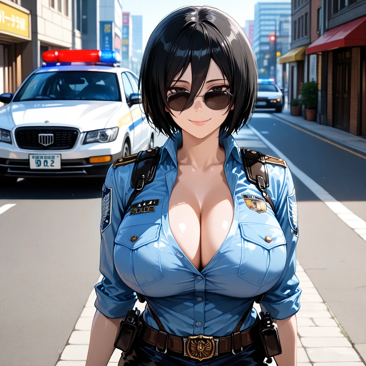 @mikasa_ackerman , 1girls, solo, (huge_breasts) , clothed, cleavage, street, police car, police uniform, sunglasses, smile, no scarf