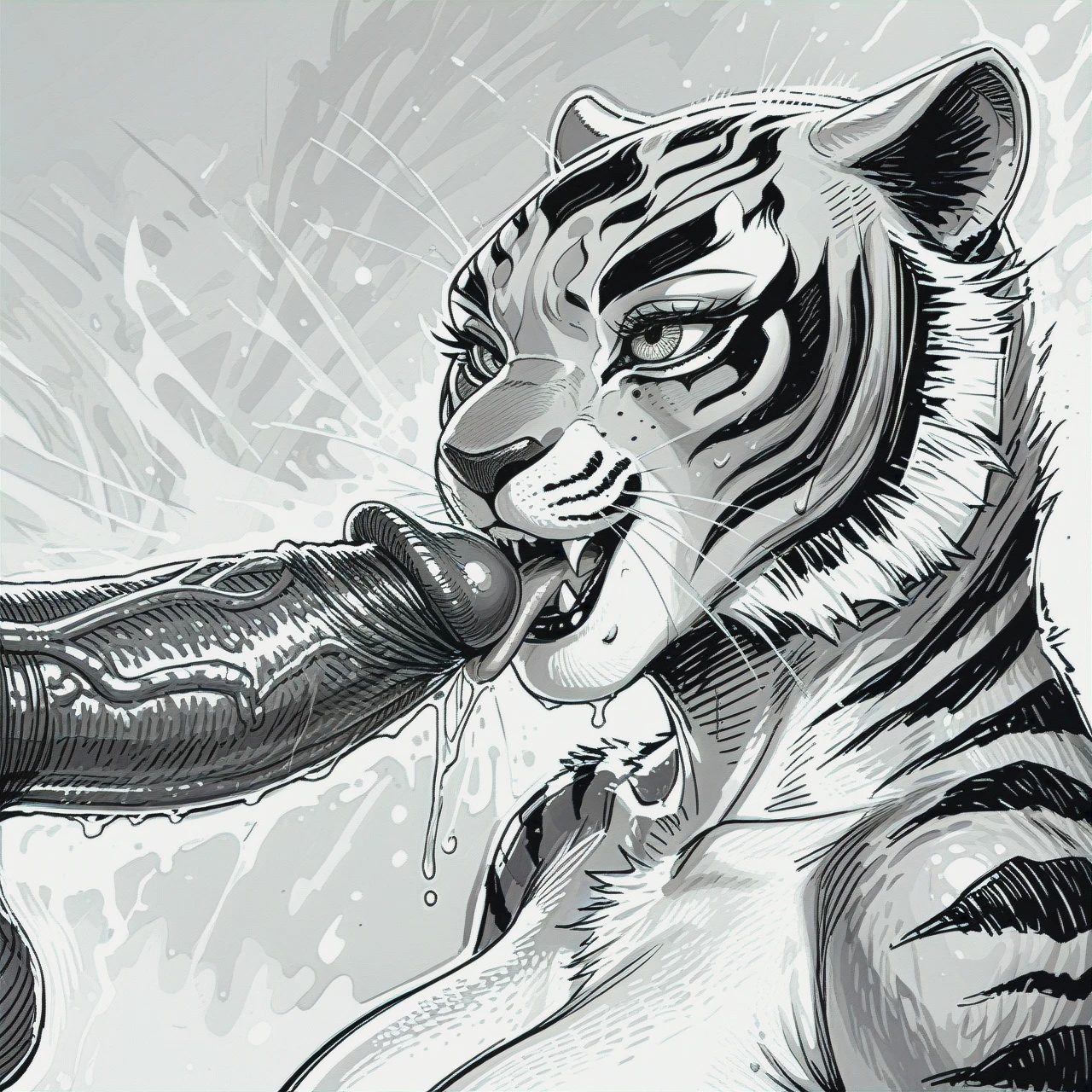 tigress from kung fu panda, large breast, licking penis, huge penis, feline penis, cat-penis, wide tongue, side shot, side view, nude, tigress, @tigress