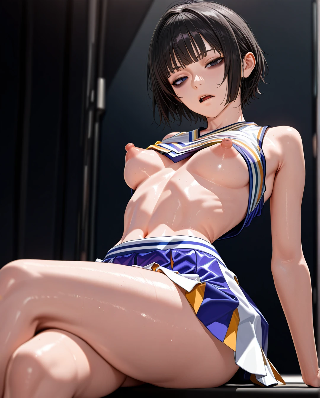 (bags_under_eyes) (thighs) photorealistic (3D_AAA) (realistic_skin), ((very narrow waist)), (skinny) ((full_face)) petite_body (wide_hips) (open_mouth) (sideboob) (reclining) (arm_support) (crossed_legs) (puffy_nipples) cheerleader_uniform (skirt_lift) (cut-hair) (middle_finger) (facing_viewer) (bored)