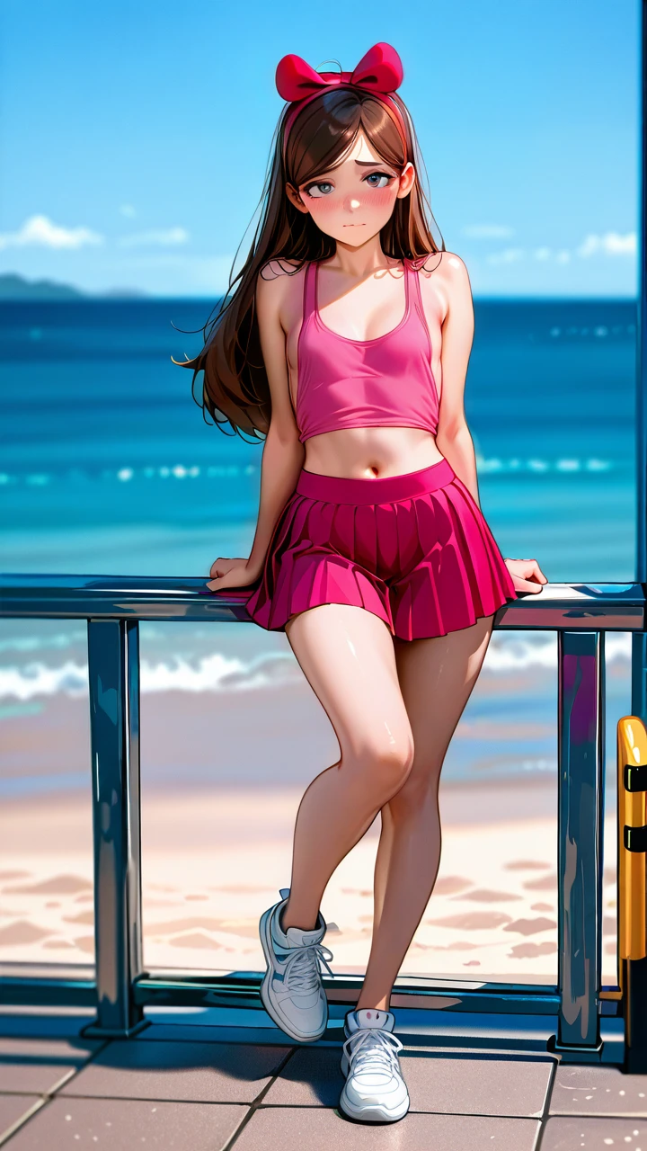 @mabel_pines , (shy) , flat (flat_chest) , (standing) , one knee up , tank top , pleated miniskirt , sneakers , (cleavage) , (sideboob) , navel , (looking_at_viewer) , showing full body , beach railing ,