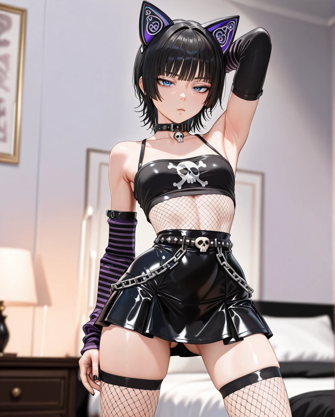 photorealistic (3D_AAA) (3D_anime) (thick_mouth-lips) (realistic_skin), ((very narrow waist)), (skinny) ((full_face)) petite_body (wide_hips) (open_mouth) (black_cut-hair) (bored) (presenting_armpit) (leg_up) (legs_apart) (arm warmers) (black_nails) (Striped_high_thighs-socks) (collar_skull-bone) (tube_top) (blue_eyes) ((purple)) (artificial_cat-ears) (fishnet_shirt) (chain_belt) (taut_skirt) (bedroom) (vagina) (grabbing)