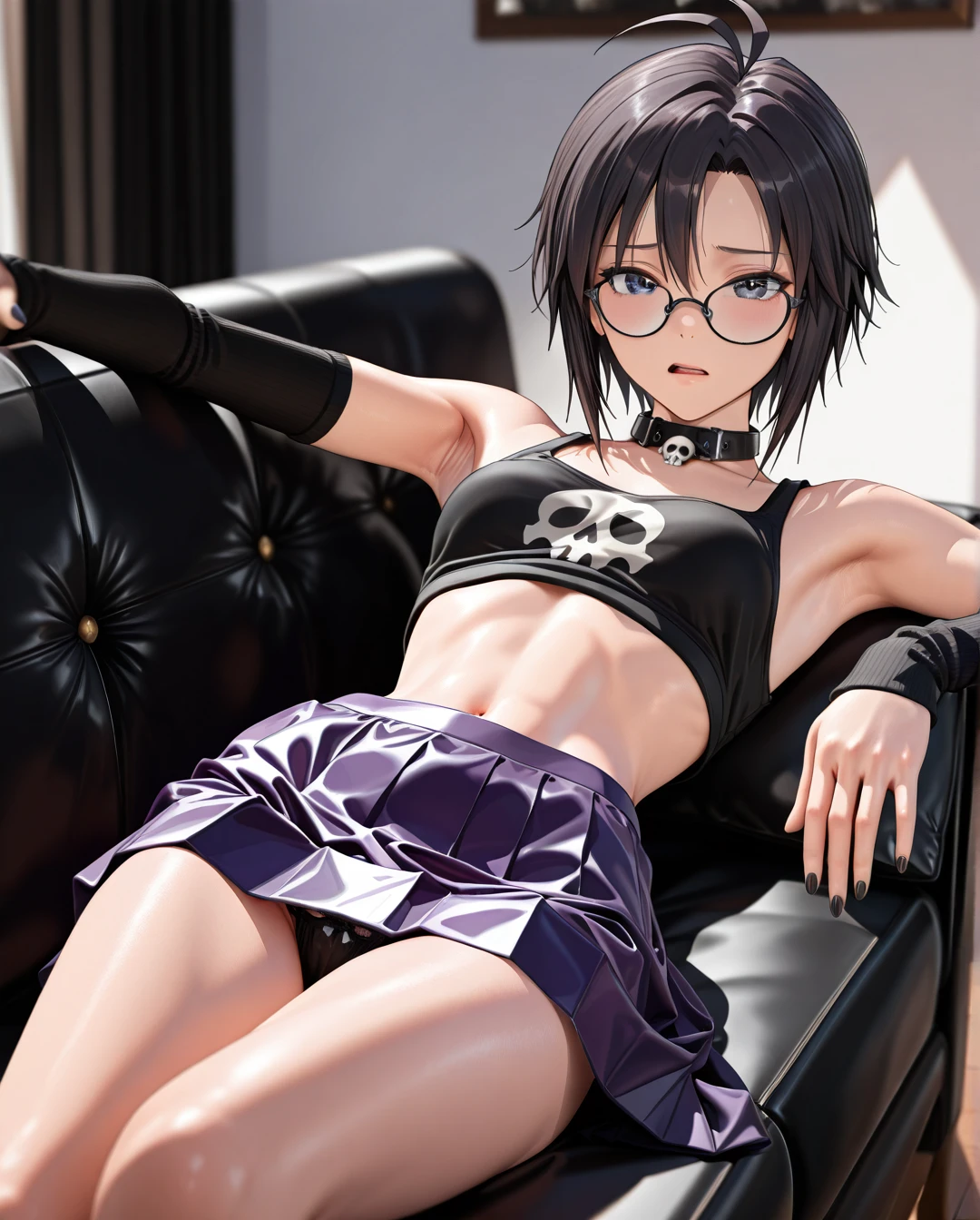 photorealistic (3D_AAA) (3D_anime) (thick_mouth-lips) (realistic_skin), ((very narrow waist)), (skinny) ((full_face)) petite_body (wide_hips) (open_mouth) (black_cut-hair) (bored) (presenting_armpit) (arm warmers) (black_nails) (high_thighs-socks) (collar_skull-bone) (blue_eyes) ((purple)) (skirt) @kikuchi_makoto (reclining) (confused) (eyewear) petite (white_couch) hands (panties)