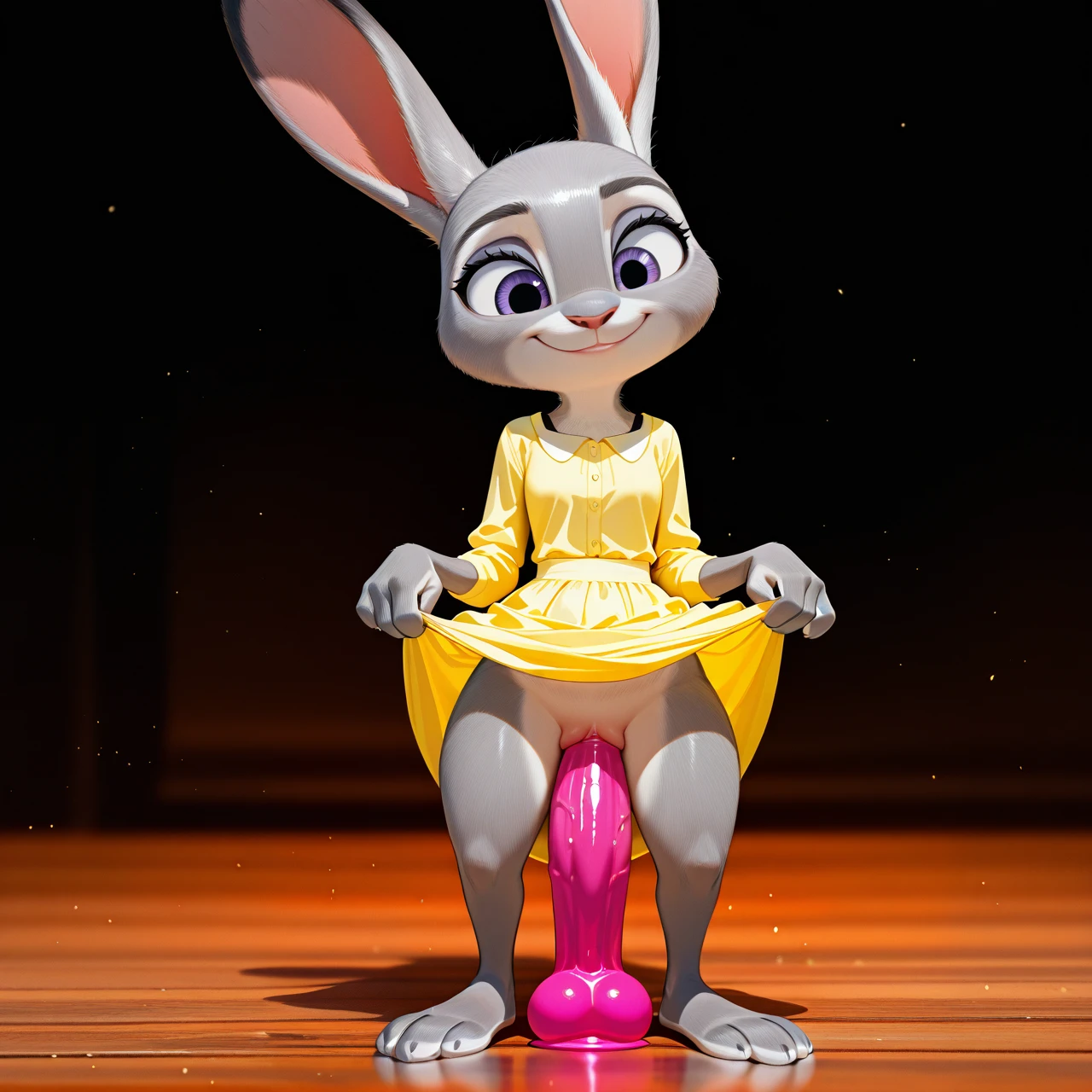 @judy_hopps (flat_chest) (miniboy) (standing) (skirt_lift) (smile) (object_insertion) Judy Hopps is standing in a light yellow dress in full height. Judy Hopps has a happy face. Judy Hopps lifts her dress with her hands. Judy Hopps is NOT wearing panties. A DILDO is inserted into her. We see Judy Hopps in full height.