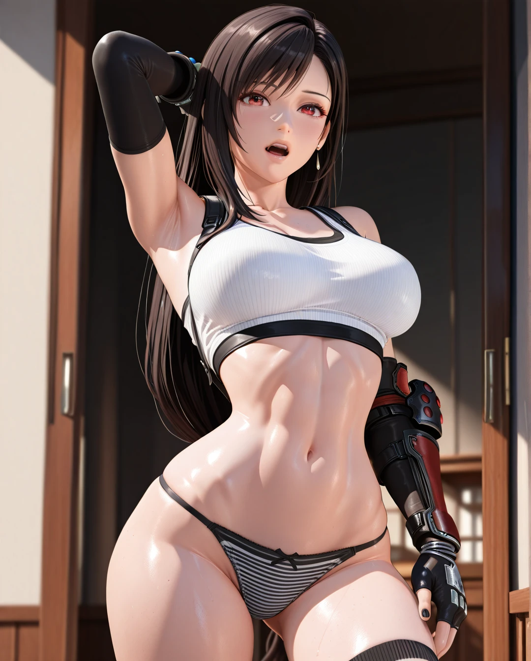 @tifa_lockhart photorealistic (3D_AAA) (3D_anime) (thick_mouth-lips) (realistic_skin), ((very narrow waist)), (skinny) ((full_face)) petite_body (wide_hips) (open_mouth) (presenting_armpit) (leg_up) (legs_apart) (arm warmers) (black_nails) (Striped_high_thighs-socks) (panties) (tube_top)