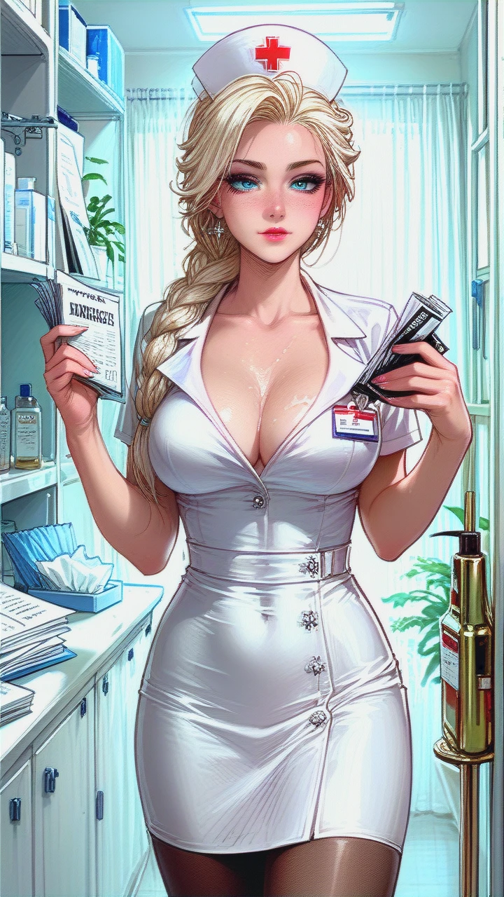 Elsa, braid, beautiful eyes, busty, cleavage, nurse uniform, skirt, pantyhose, white room, holding magazines, tissue box, bottle of lotion