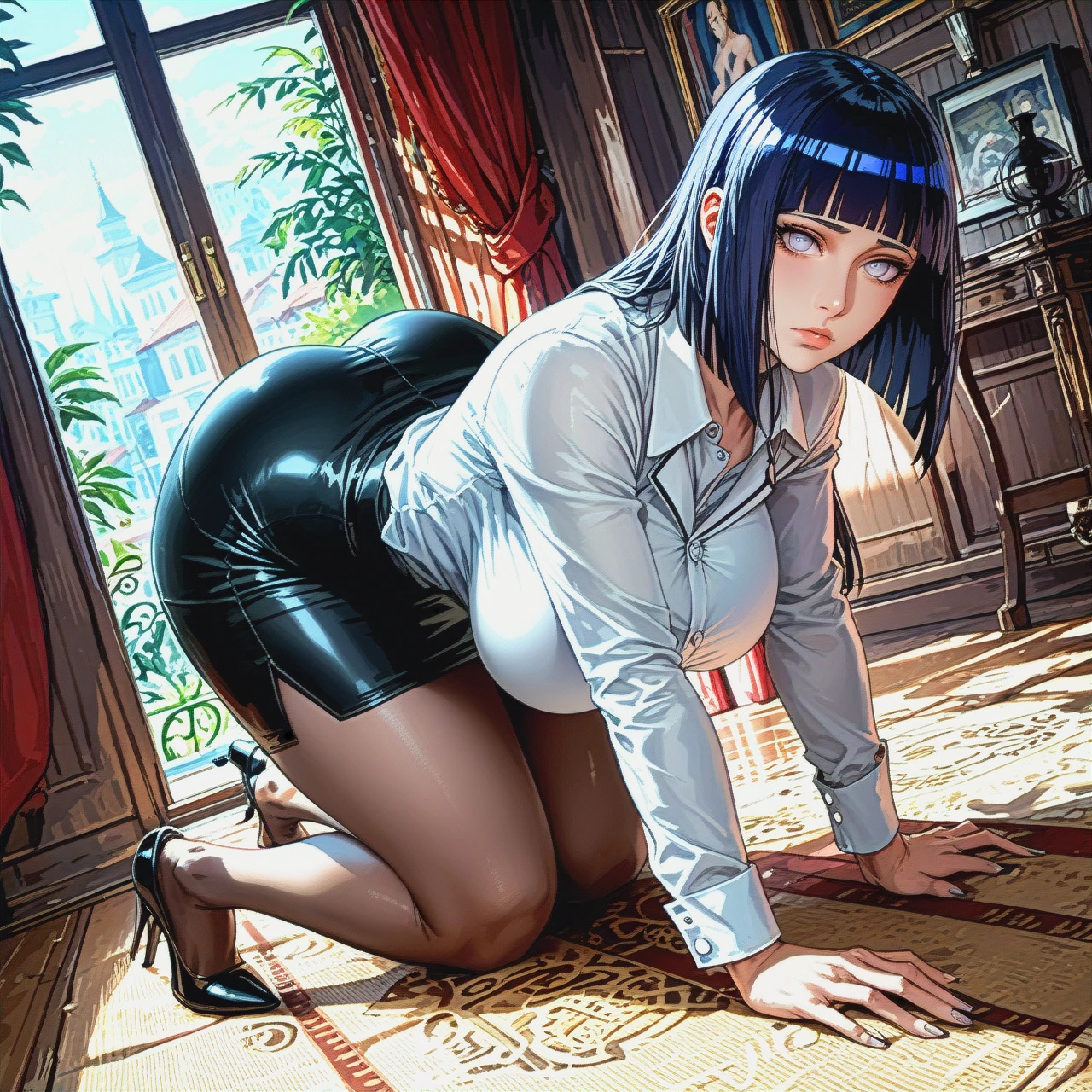 Hinata Hyuuga, expressionless, perfect body, big ass, huge breasts, Boruto: Naruto Next Generations, milf, shoulder-length hair,  alone,Black high heels , Hotel Lobby  , (standing) , Deep black pencil skirt , White silk shirt , Deep black business suit ,  Deep black suit jacket , (cowering) , (prostration) , (head_down) , (all_fours)