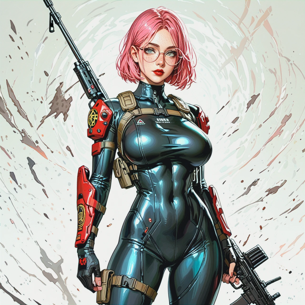 girl with cute face, straight long pink hair, red lipstick, round eyeglasses, big breasts, teen, skinny body, grey eye, a female stalker holding a kalashnikov assault rifle from the video game STALKER standing in a junkyard. she wears a tactical tight bodysuit, freckles.