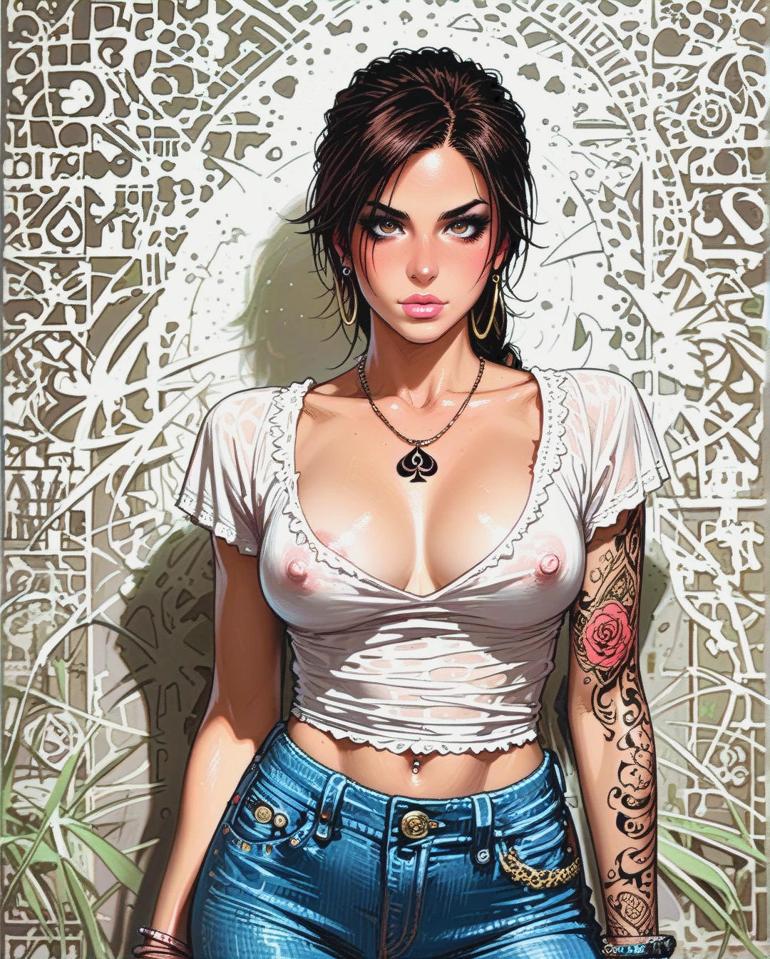 Lara Croft, milf, bimbo, (perky_breasts), (flat_chest), cleavage, tattoos, blouse, jeans, spades symbol necklace, (nipple_slip), nipples piercing,