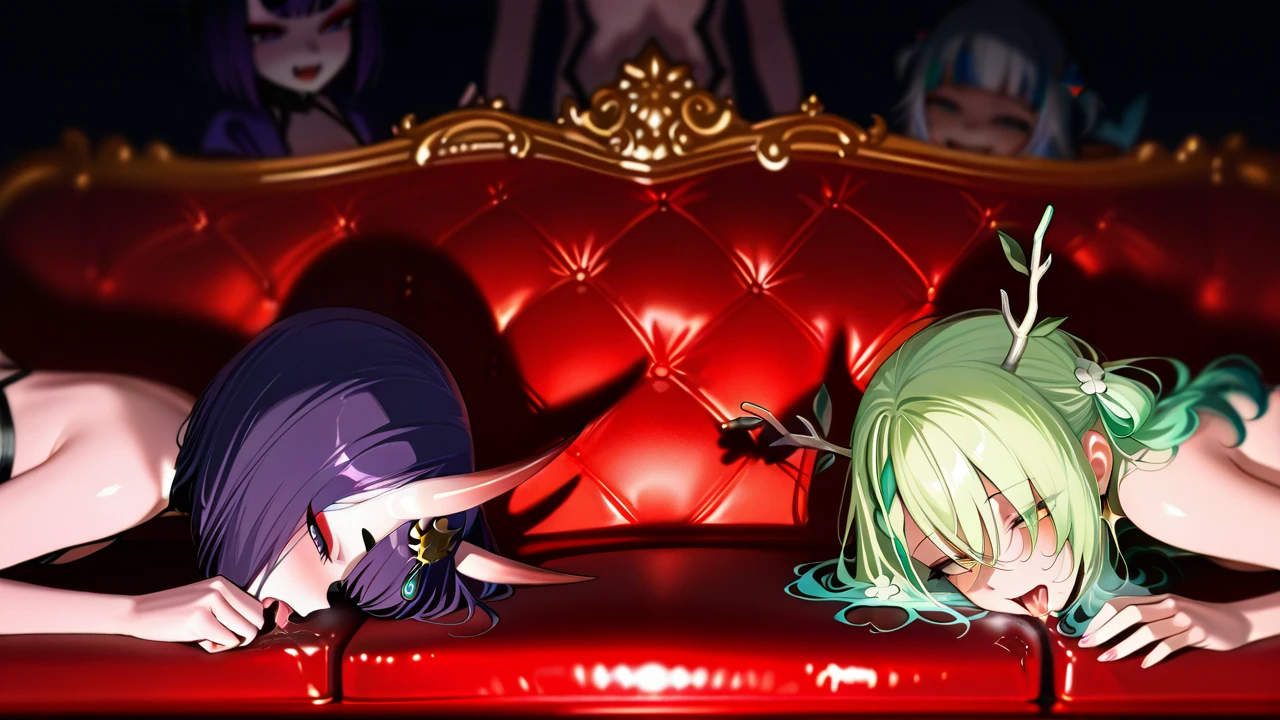 3girls , Three girls , @gawr_gura , @shuten_douji , @ceres_fauna , cunnilingus , groups , saliva , On a big couch , half-open eyes , On all fours ,