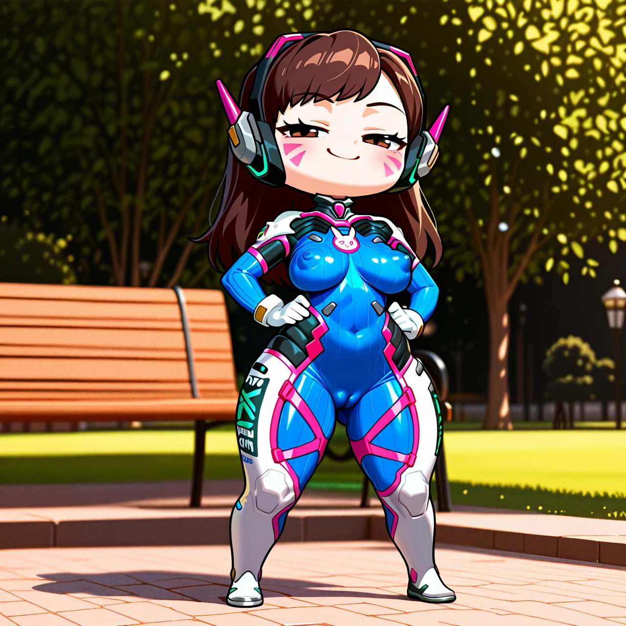 (chibi:1.3), @d.va, large_breasts, perky_breasts, thick thighs, clothed, areolae, puffy nipples, park, legs_apart, cameltoe, standing, smug, arms_under_breasts, full_body, white_boots, white_gloves, high_detailed, best_quality