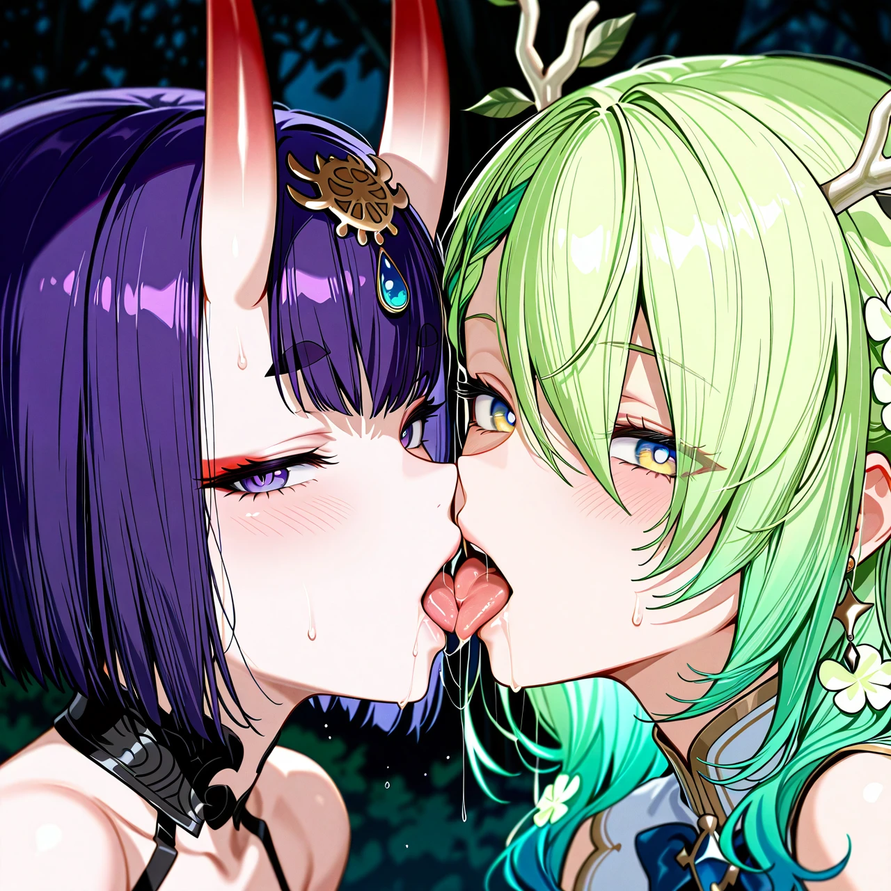 @shuten_douji , @ceres_fauna , @gawr_gura , tree girls ,  triple kiss , groups , tongue long , saliva , grabbing ,