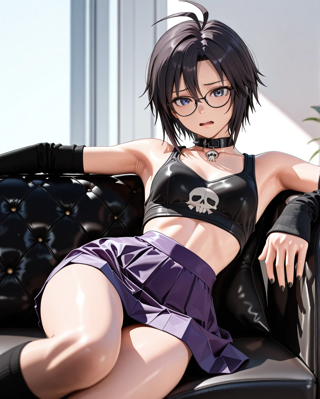 photorealistic (3D_AAA) (3D_anime) (thick_mouth-lips) (realistic_skin), ((very narrow waist)), (skinny) ((full_face)) petite_body (wide_hips) (open_mouth) (black_cut-hair) (bored) (presenting_armpit) (arm warmers) (black_nails) (high_thighs-socks) (collar_skull-bone) (blue_eyes) ((purple)) (skirt) @kikuchi_makoto (reclining) (confused) (eyewear) petite (white_couch) hands