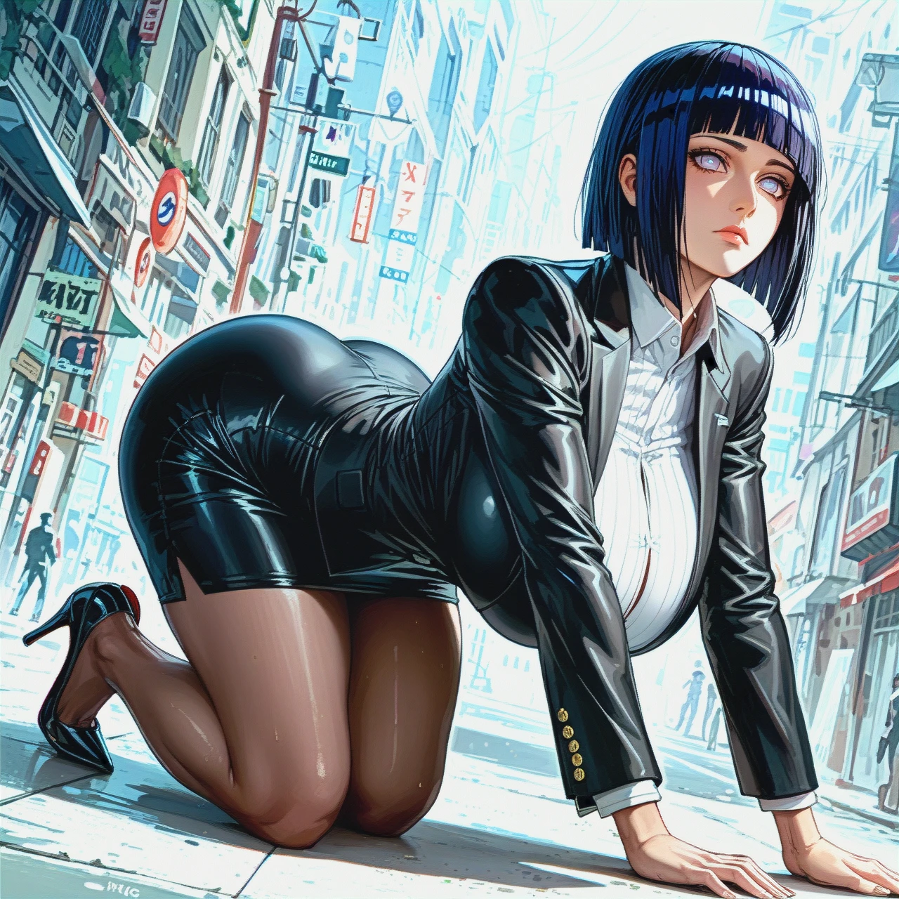 Hinata Hyuuga, expressionless, perfect body, big ass, huge breasts, Boruto: Naruto Next Generations, milf, shoulder-length hair,  alone,Black high heels , Hotel Lobby  , (standing) , Deep black pencil skirt , White silk shirt , Deep black business suit ,  Deep black suit jacket , (cowering) , (prostration) , (head_down) , (all_fours)