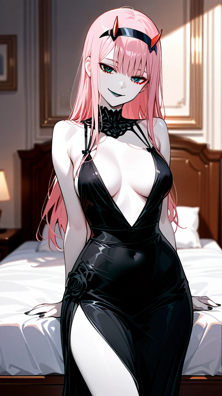 A girl have long pink hair and red eyes. She have a skinny and sexy body. She have white skin. She have black nails. She have black lips. She have a beautiful face. She face like @zero_two She wearing black Women's evening dress.  She is in bed room.  (standing) (evil_smile) (head_tilt) (medium_breasts) (red_eyes)