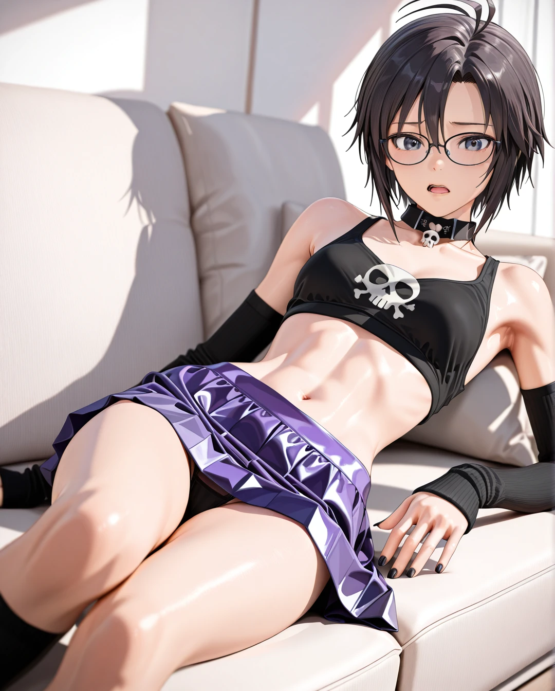 photorealistic (3D_AAA) (3D_anime) (thick_mouth-lips) (realistic_skin), ((very narrow waist)), (skinny) ((full_face)) petite_body (wide_hips) (open_mouth) (black_cut-hair) (bored) (presenting_armpit) (arm warmers) (black_nails) (high_thighs-socks) (collar_skull-bone) (blue_eyes) ((purple)) (skirt) @kikuchi_makoto (reclining) (confused) (eyewear) petite (white_couch) hands (panties)