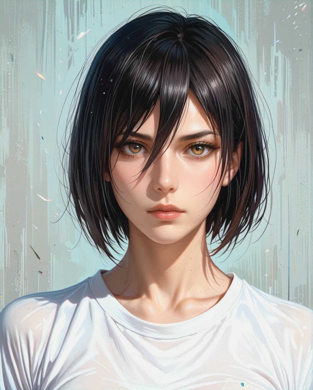 Mikasa Ackerman,Face chest focus, Realistic Realistic , sleeve shirt ,