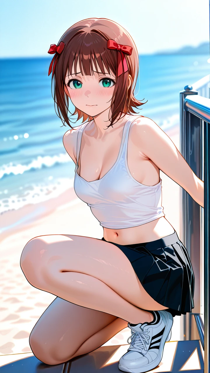 @amami_haruka , (shy) , flat (flat_chest) , (standing) , one knee up , tank top , pleated miniskirt , sneakers , (cleavage) , (sideboob) , navel , (looking_at_viewer) , showing full body , beach railing ,