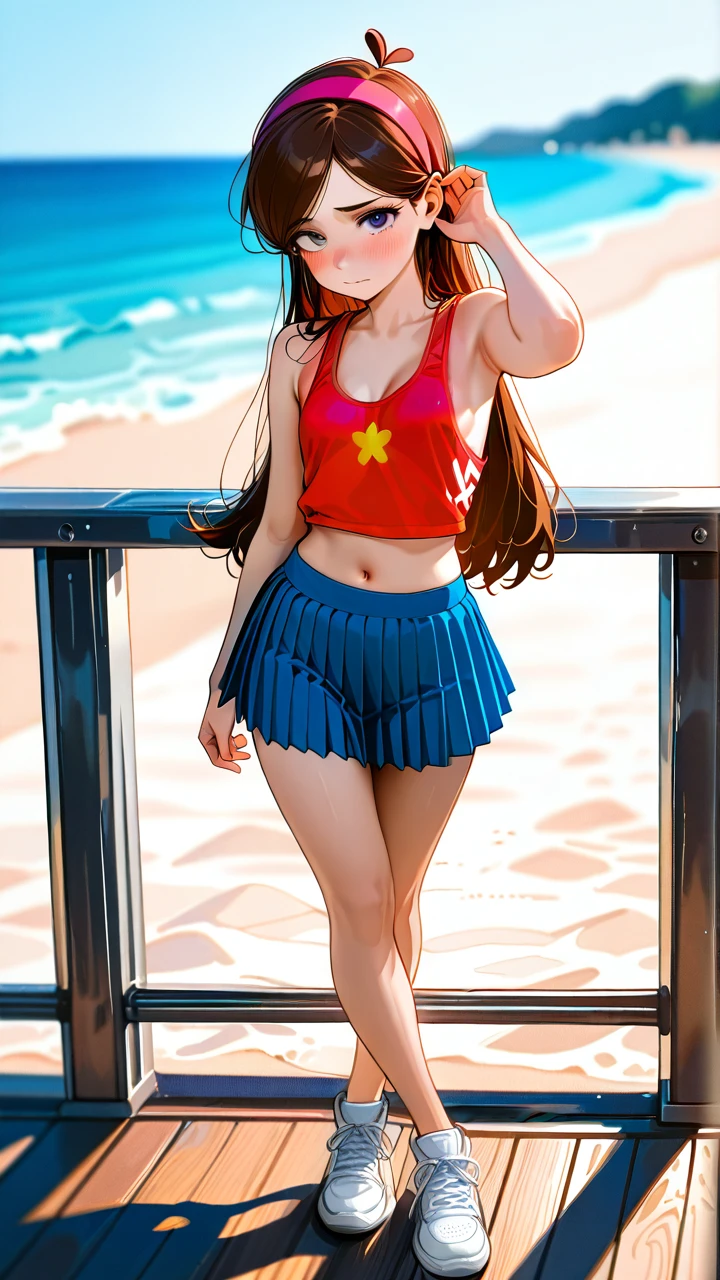 @mabel_pines , (shy) , flat (flat_chest) , (standing) , (crossed_legs) , tank top , pleated miniskirt , sneakers , (cleavage) , (sideboob) , navel , (looking_at_viewer) , (hair_tucking) , beach railing ,