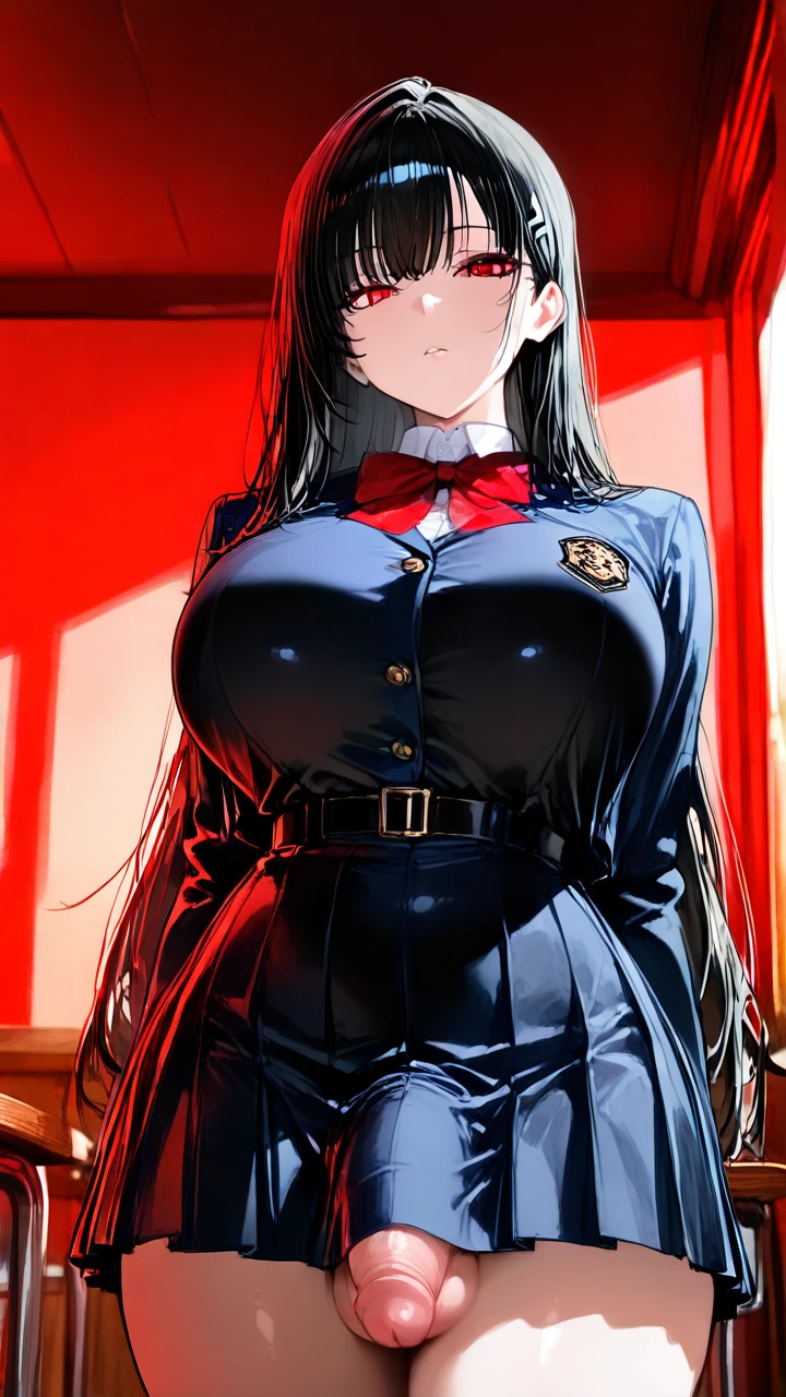 (futanari) (red_eyes) (black_hair) (long_hair) (huge_breasts) (school_uniform) (full-package_futanari)