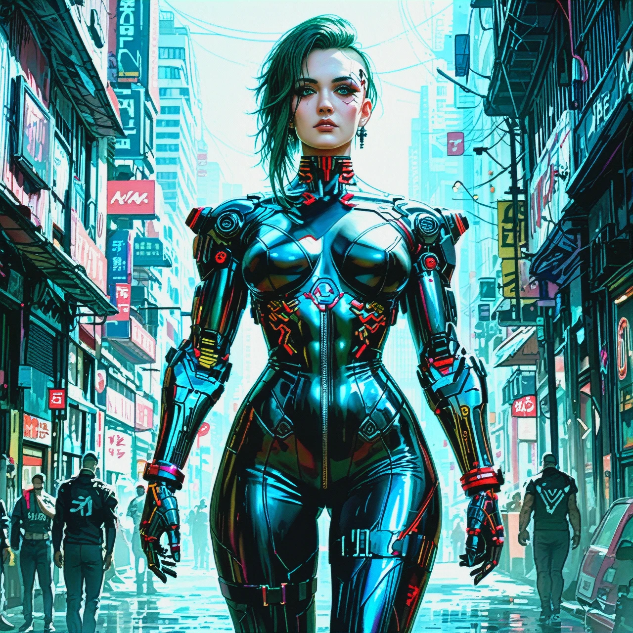 Cyberpunk 2077 girl iron arms iron legs iron waist in the bright city of the future