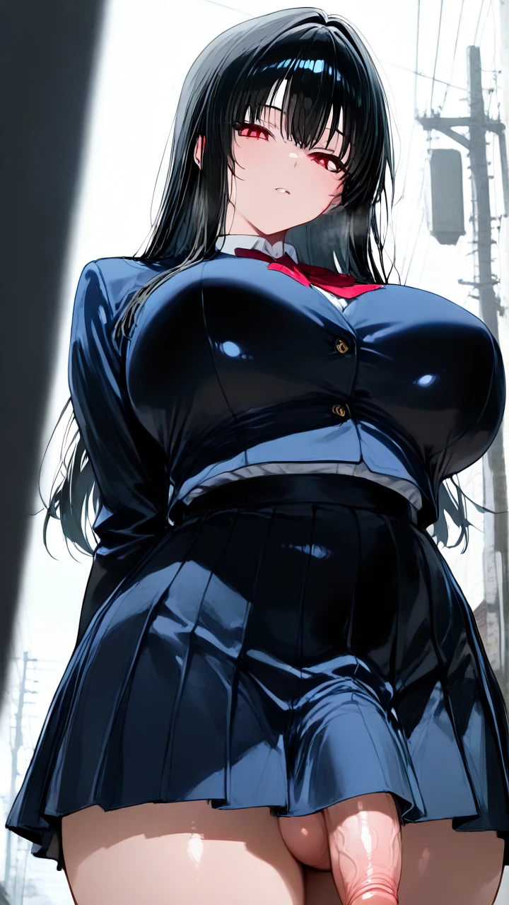 (futanari) (red_eyes) (black_hair) (long_hair) (huge_breasts) (school_uniform) (full-package_futanari)