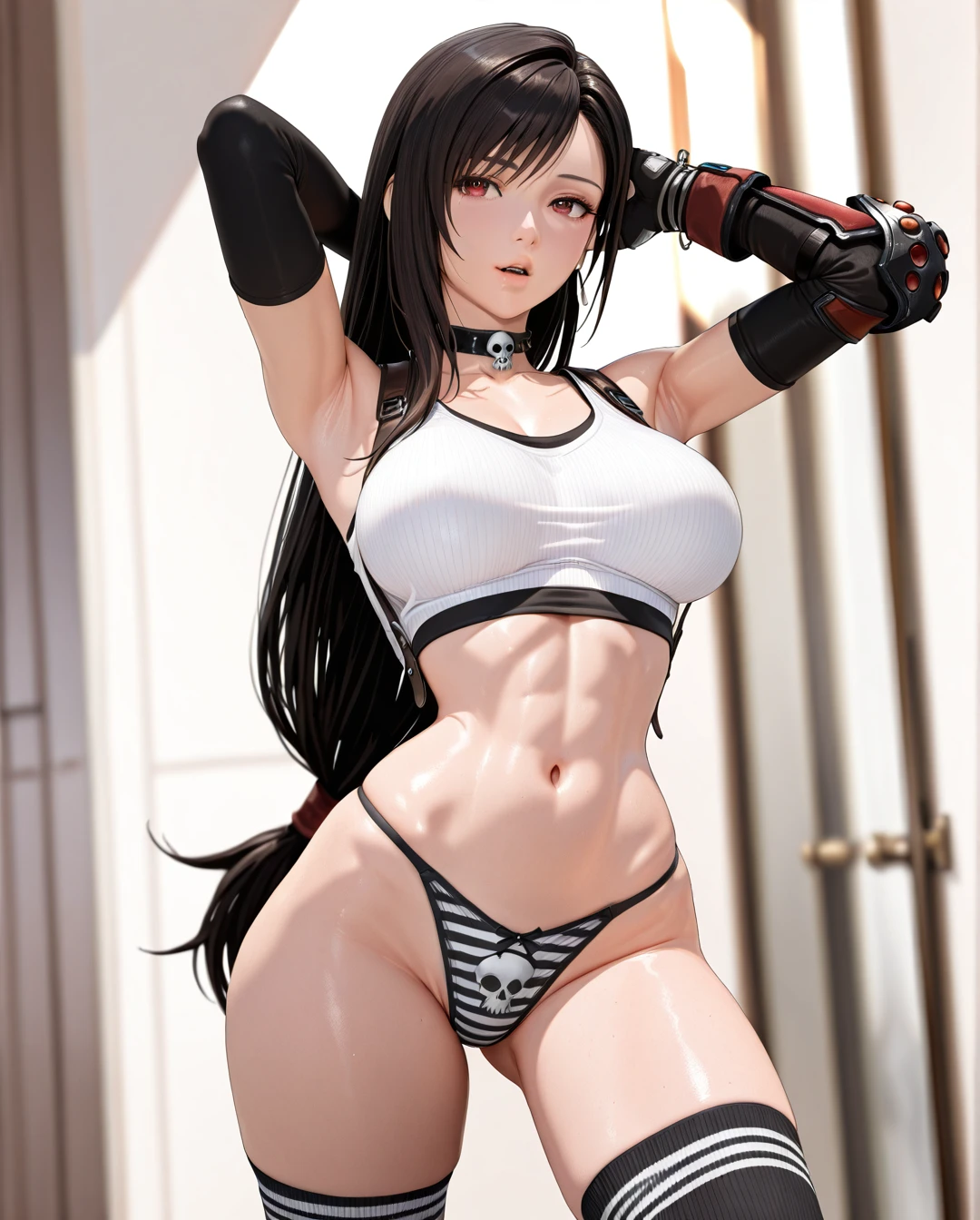 @tifa_lockhart photorealistic (3D_AAA) (3D_anime) (thick_mouth-lips) (realistic_skin), ((very narrow waist)), (skinny) ((full_face)) petite_body (wide_hips) (open_mouth) (black_cut-hair) (bored) (presenting_armpit) (leg_up) (legs_apart) (arm warmers) (black_nails) (Striped_high_thighs-socks) (collar_skull-bone) (panties)