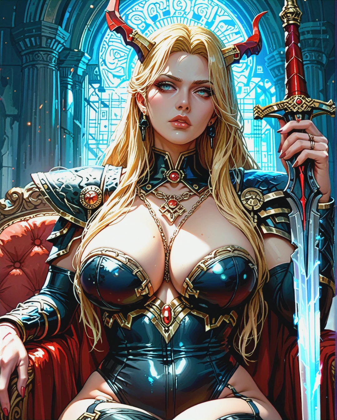 Milf Empress Woman's Portrait, Blonde, Holding Sword, Looking to side, big tight breasts,  plump lips, tight body,  (sitting_on_lap), at the viking warship, Cyberpunk, Empress's war clothes, Neckrope, waist chain, Lord of the rings, heroic looks,