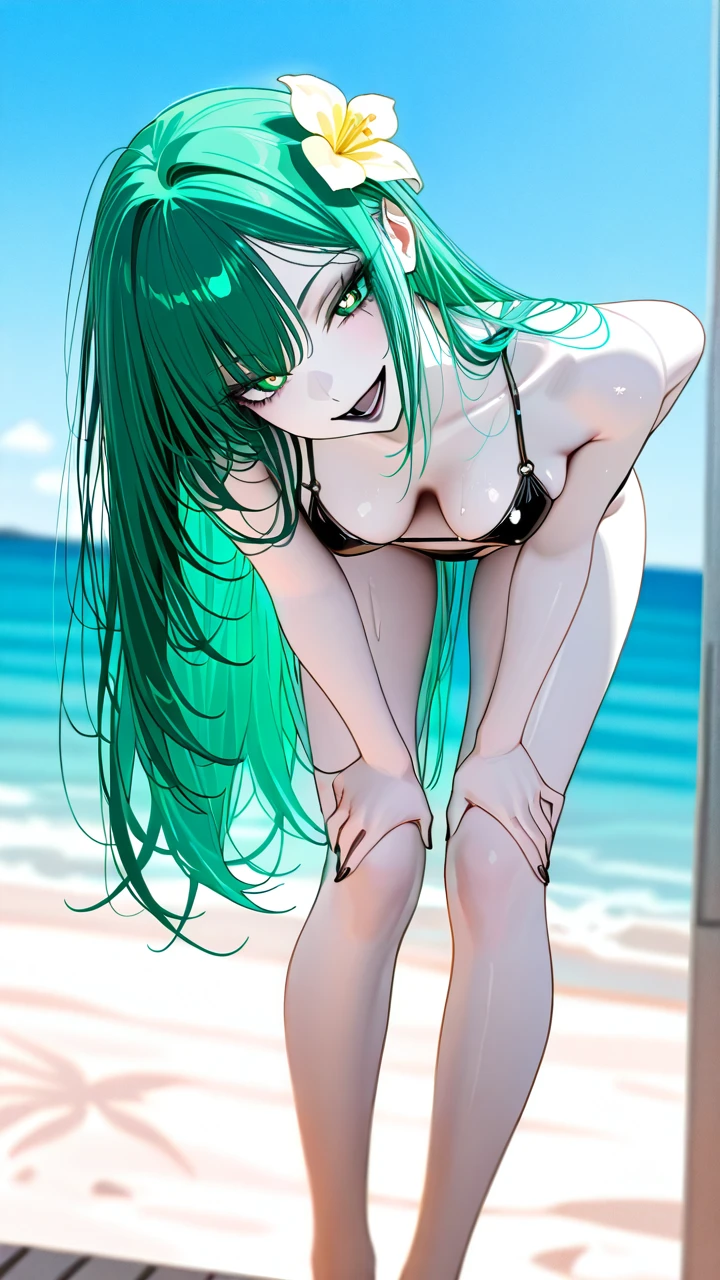 Take the photo so that their entire body is visible in the image, from head to toe.    A girl have long green hair and green eyes. She have a skinny and sexy body. She have white skin. She have black nails. She have black lips. She wearing black swimsuit. She is in beach. She have 23 year's old.  (standing) (bent_over) (evil_smile) (head_tilt) (flower-shaped_pupils) (medium_breasts) (open_mouth)