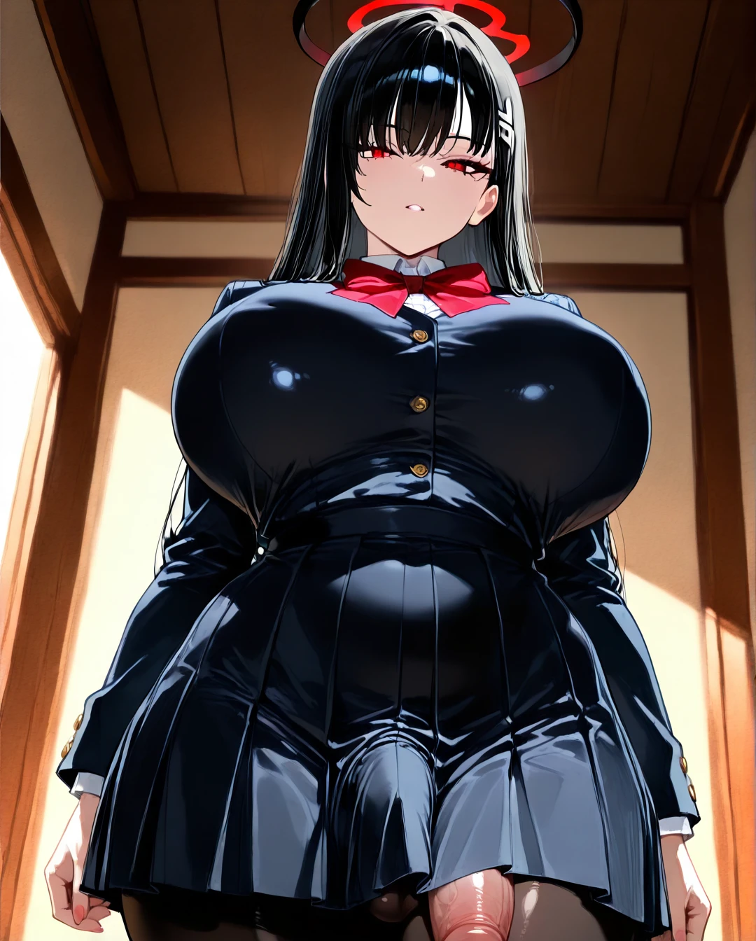 (futanari) (red_eyes) (black_hair) (long_hair) (huge_breasts) (school_uniform) (full-package_futanari)