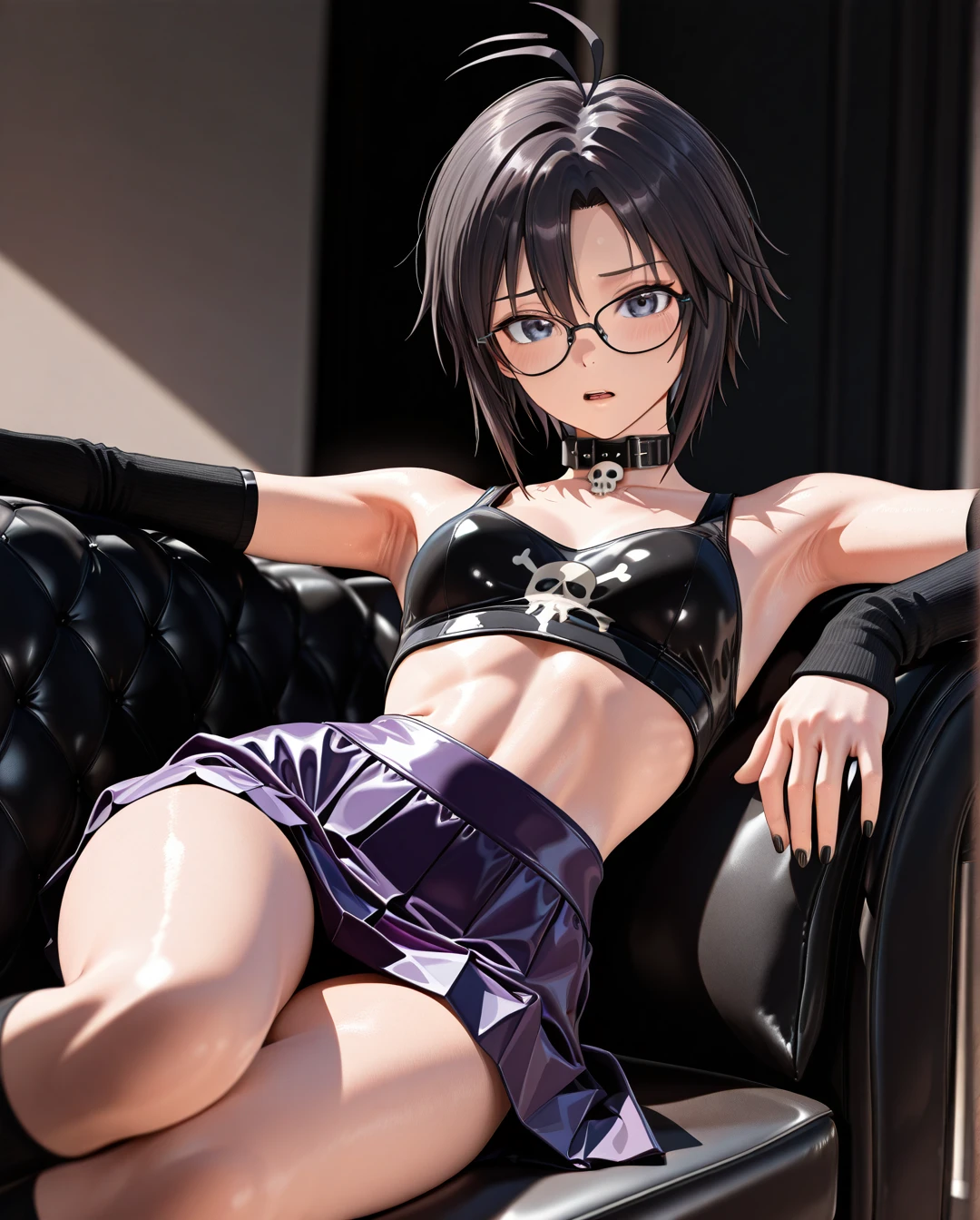 photorealistic (3D_AAA) (3D_anime) (thick_mouth-lips) (realistic_skin), ((very narrow waist)), (skinny) ((full_face)) petite_body (wide_hips) (open_mouth) (black_cut-hair) (bored) (presenting_armpit) (arm warmers) (black_nails) (high_thighs-socks) (collar_skull-bone) (blue_eyes) ((purple)) (skirt) @kikuchi_makoto (reclining) (confused) (eyewear) petite (white_couch) hands