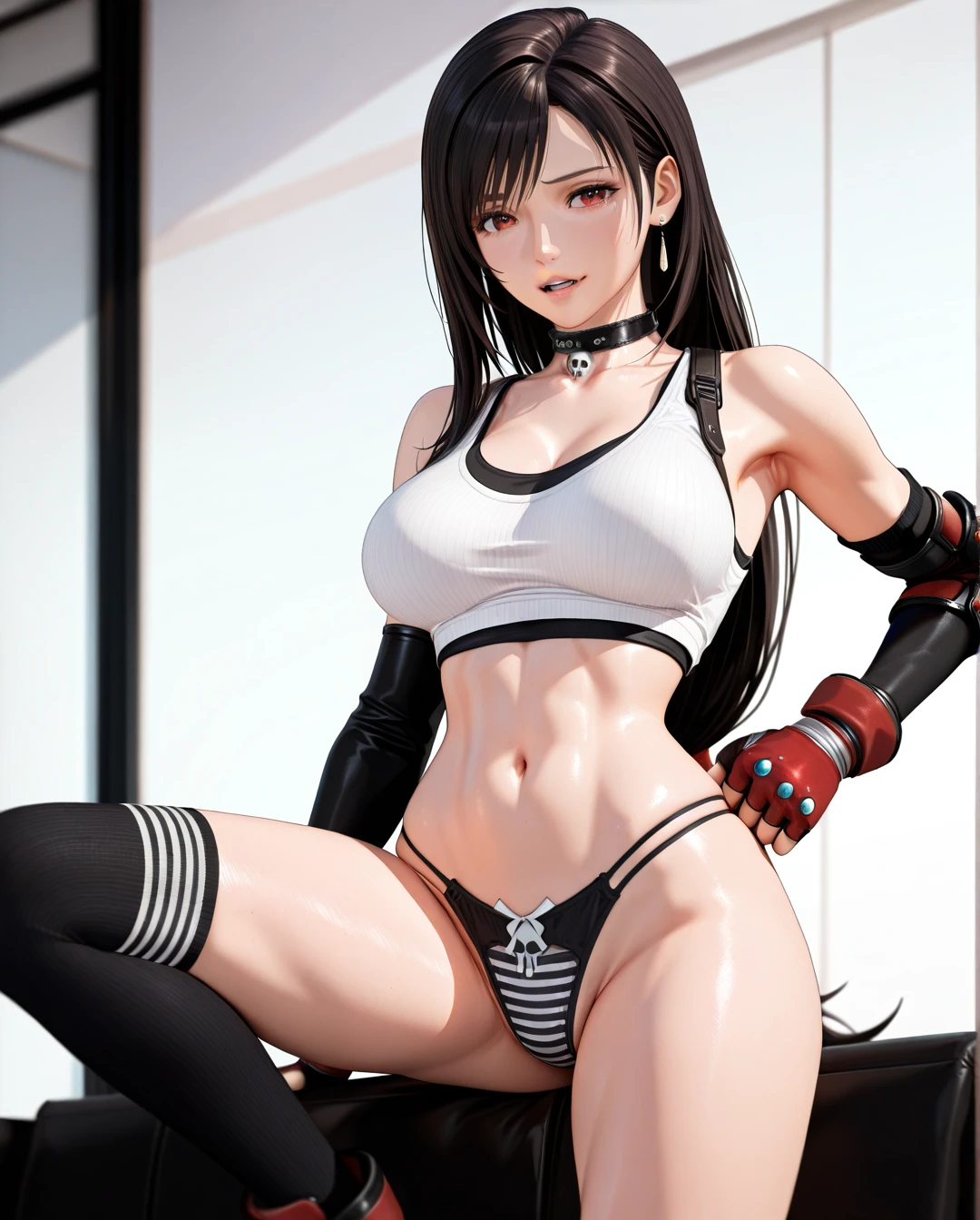 @tifa_lockhart photorealistic (3D_AAA) (3D_anime) (thick_mouth-lips) (realistic_skin), ((very narrow waist)), (skinny) ((full_face)) petite_body (wide_hips) (open_mouth) (black_cut-hair) (bored) (presenting_armpit) (leg_up) (legs_apart) (arm warmers) (black_nails) (Striped_high_thighs-socks) (collar_skull-bone) (panties)