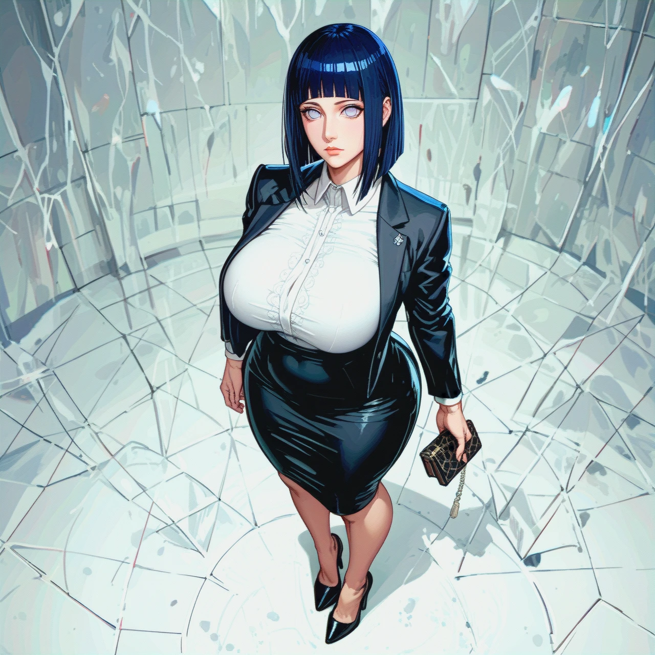 Hinata Hyuuga, expressionless, perfect body, big ass, huge breasts, Boruto: Naruto Next Generations, milf, shoulder-length hair,  alone, (full body),Black high heels , Hotel Lobby  , (standing) , Deep black pencil skirt , White silk shirt , Deep black business suit ,  Deep black suit jacket