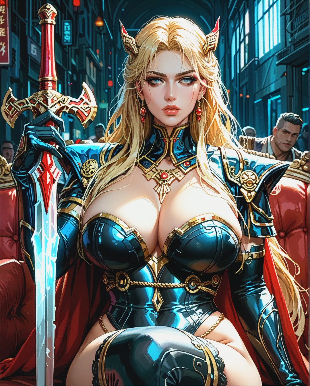 Milf Empress Woman's Portrait, Prostitute, Blonde, Holding Sword, Looking to side, big tight breasts,  plump lips, tight body,  (sitting_on_lap), at the viking warship, Cyberpunk, Empress's war clothes, Neckrope, waist chain, Lord of the rings, heroic looks,