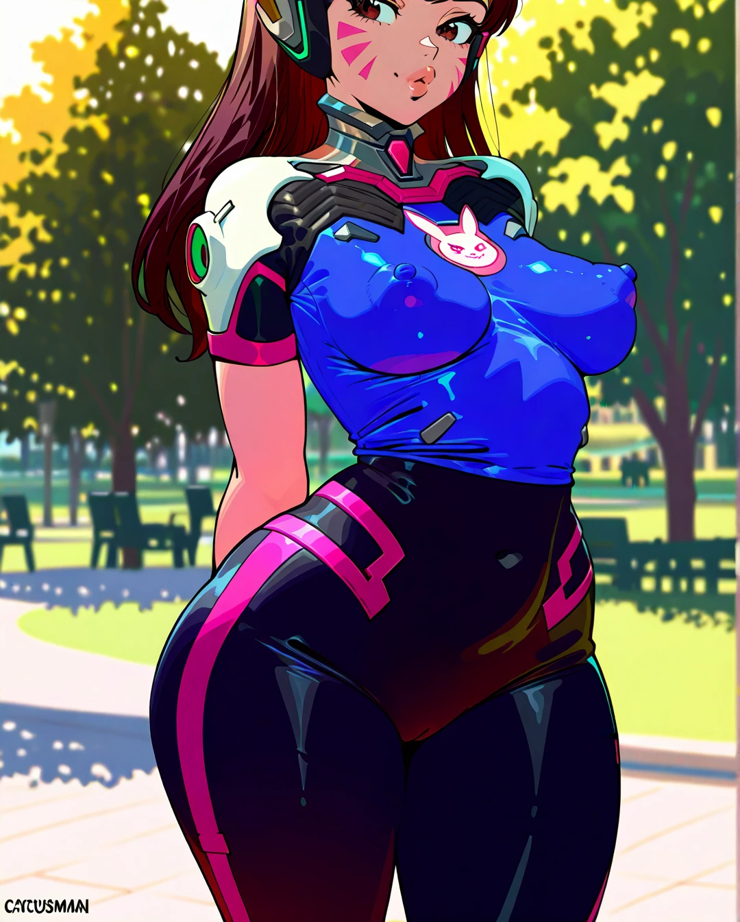 (cactusman:1.7), (flat_color:1.7), @d.va, normal breasts, puffy nipples, wide hips, squishy hips, thick thighs, squishy ass, squishy legs, squishy thighs, thick lips, clothed, covered nipples, park, standing, arms behind back