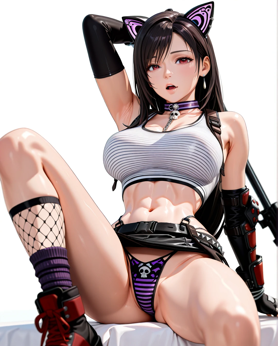 @tifa_lockhart photorealistic (3D_AAA) (3D_anime) (thick_mouth-lips) (realistic_skin), ((very narrow waist)), (skinny) ((full_face)) petite_body (wide_hips) (open_mouth) (black_cut-hair) (bored) (presenting_armpit) (leg_up) (legs_apart) (arm warmers) (black_nails) (Striped_high_thighs-socks) (collar_skull-bone) (panties) (tube_top) (blue_eyes) (pink_and_black) ((purple)) (((white background))) (artificial_cat-ears) (fishnet_shirt) (chain_belt) (long_rifle) (string_panties) (sitting) (taut_skirt) (army_room)