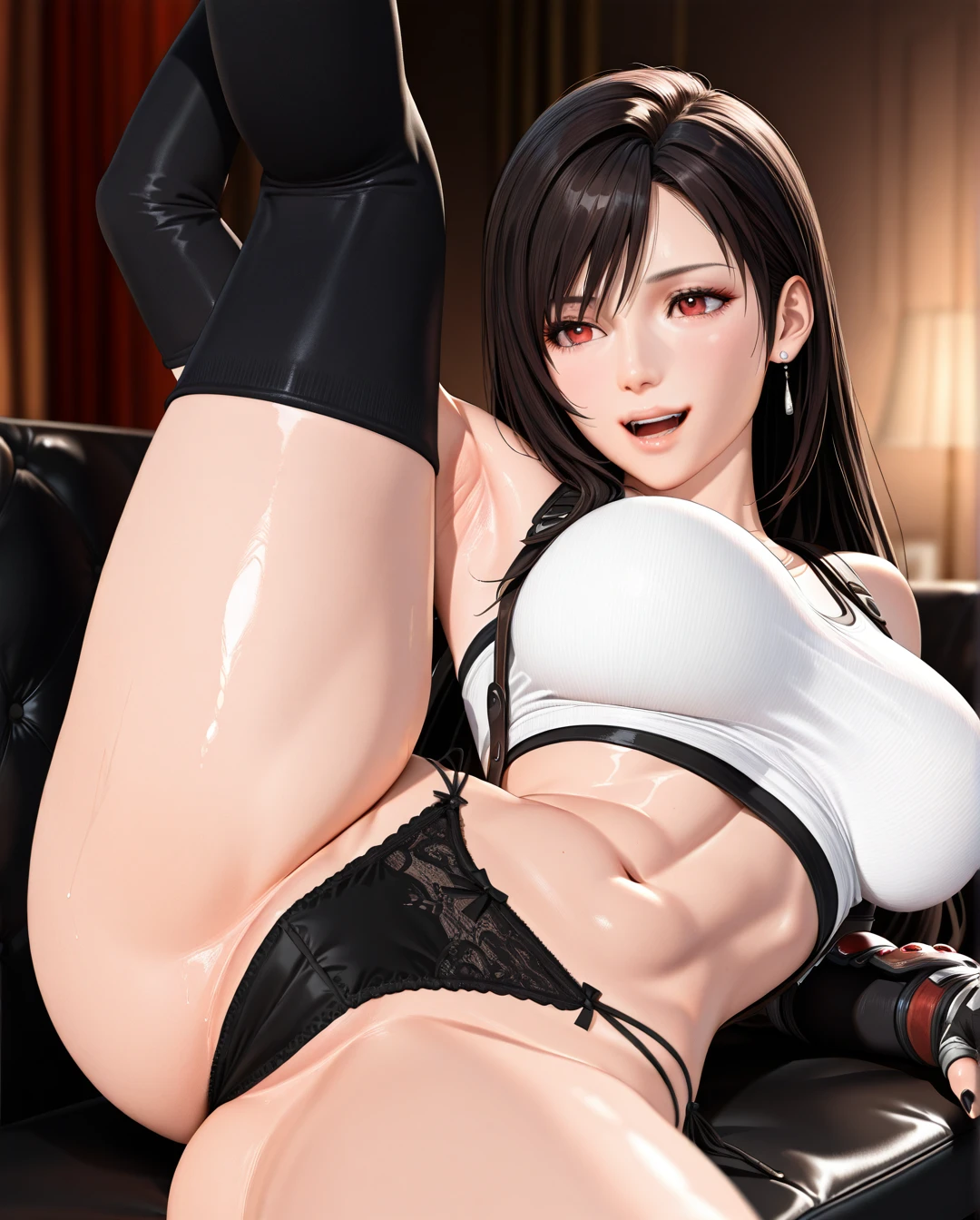 @tifa_lockhart photorealistic (3D_AAA) (3D_anime) (thick_mouth-lips) (realistic_skin), ((very narrow waist)) ((full_face)) (wide_hips) (open_mouth) (presenting_armpit) (leg_up) (legs_apart) (arm warmers) (black_nails) (panties) (tube_top) (reclining)