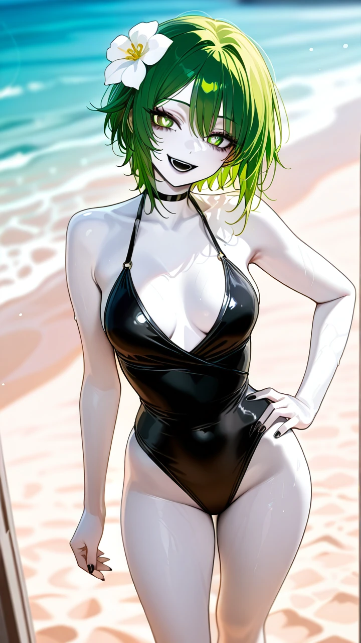 Take the photo so that their entire body is visible in the image, from head to toe.    A girl have long green hair and green eyes. She have a skinny and sexy body. She have white skin. She have black nails. She have black lips. She wearing black swimsuit. She is in beach. She have 23 year's old.  (standing) (hand_on_hip) (evil_smile) (head_tilt) (flower-shaped_pupils) (medium_breasts) (open_mouth)